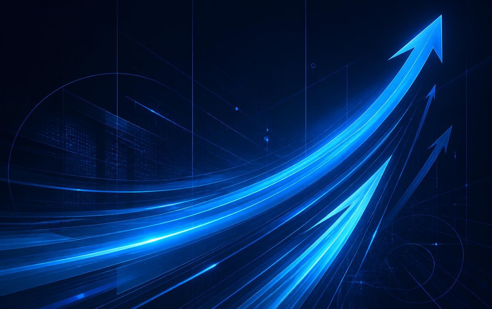 Electric blue arrows rising across a deep navy field, representing brand momentum